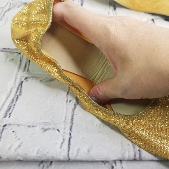 Vtg 60s 1960s Mcm Mod gold metallic lame mid century foldable flats - Picture 5 of 11